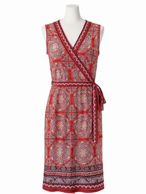 Max Studio Faux Wrap Dress | Red Boho Print | Tie Waist | Small